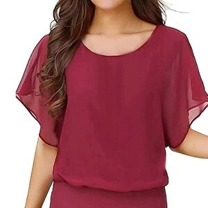 Elegant Wine Red Layered Sheer Blouse Top 2XL Plus Size